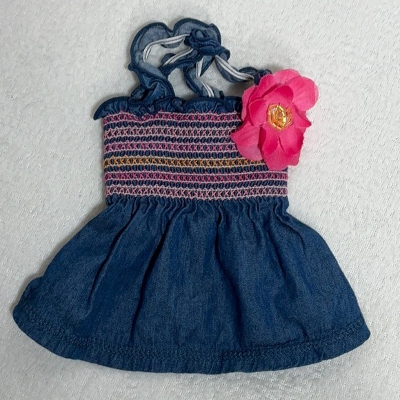 Smocked Chambray Doggy Dress with Pink Flower - Picture 4 of 8